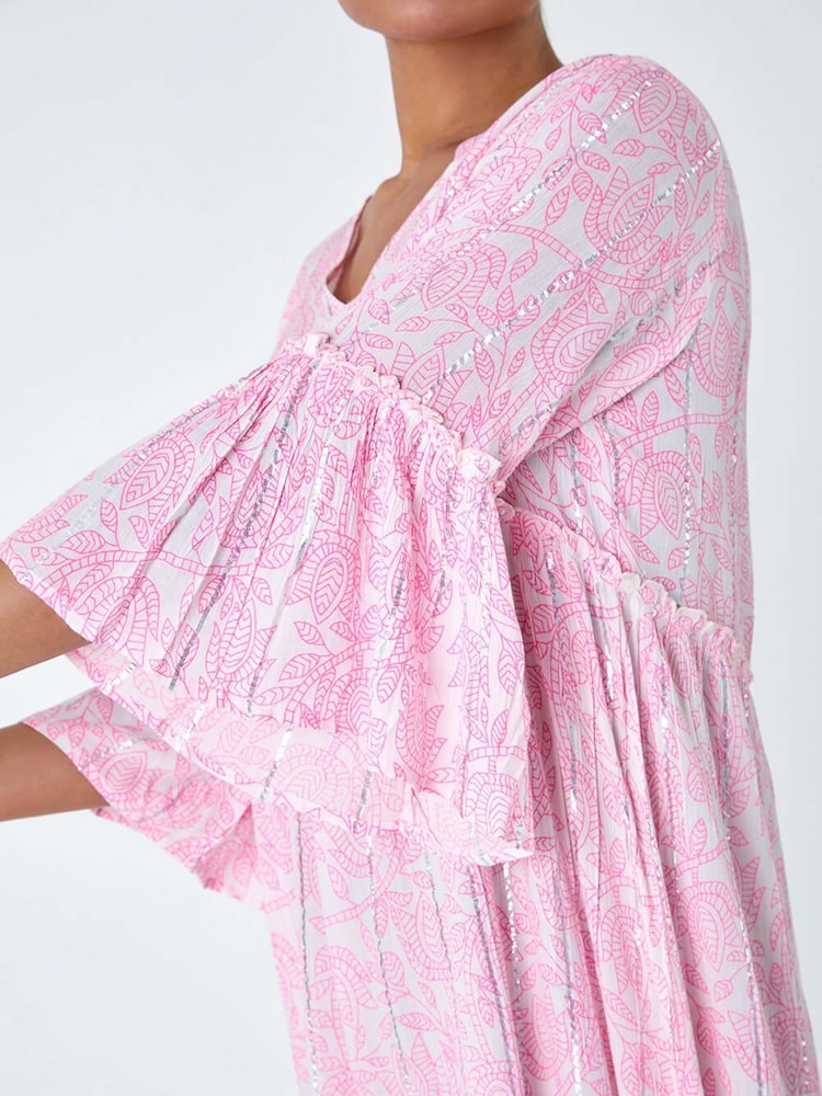 Roman Pink Leaf Print Shimmer Smock Dress - Image 5 of 5