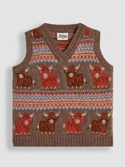 JoJo Maman Bébé Mocha Brown Highland Cow Knit FairIsle Pattern Tank Top - Image 1 of 3