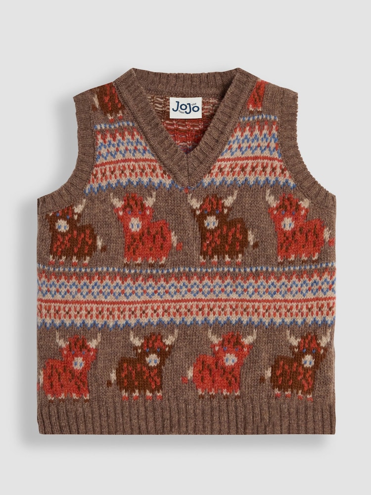 JoJo Maman Bébé Mocha Brown Highland Cow Knit FairIsle Pattern Tank Top - Image 1 of 3
