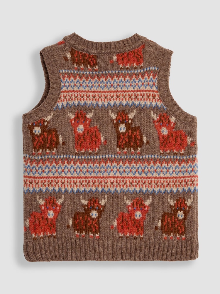 JoJo Maman Bébé Mocha Brown Highland Cow Knit FairIsle Pattern Tank Top - Image 2 of 3