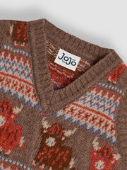 JoJo Maman Bébé Mocha Brown Highland Cow Knit FairIsle Pattern Tank Top - Image 3 of 3