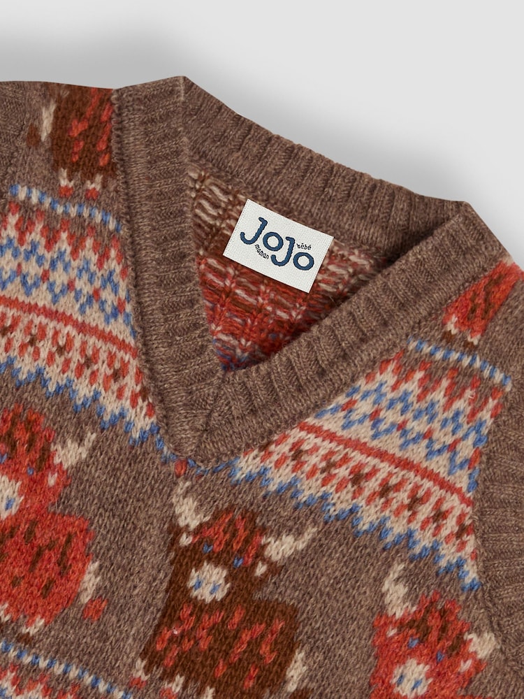 JoJo Maman Bébé Mocha Brown Highland Cow Knit FairIsle Pattern Tank Top - Image 3 of 3