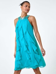 Roman Blue Embellished Collar Frilled Chiffon Dress - Image 1 of 5