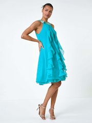 Roman Blue Embellished Collar Frilled Chiffon Dress - Image 2 of 5