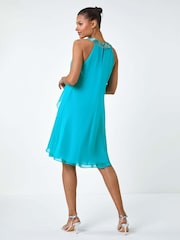 Roman Blue Embellished Collar Frilled Chiffon Dress - Image 3 of 5