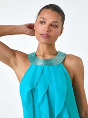Roman Blue Embellished Collar Frilled Chiffon Dress - Image 4 of 5
