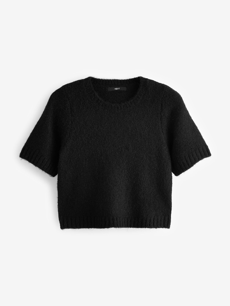 Black Short Sleeve Crew Neck Jumper With Wool - Image 2 of 6 Black Short Sleeve Crew Neck Jumper With Wool - Image 2 of 6