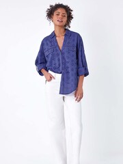 Dusk Blue 100% Cotton Broderie Anglaise Shirt - Image 2 of 5