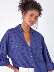 Dusk Blue 100% Cotton Broderie Anglaise Shirt - Image 4 of 5