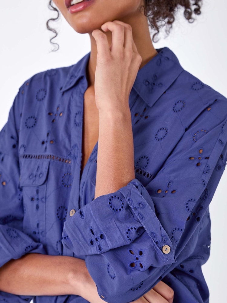 Dusk Blue 100% Cotton Broderie Anglaise Shirt - Image 5 of 5