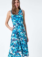 Roman Blue Abstract Print Tie Detail Stretch Midi Dress - Image 1 of 5