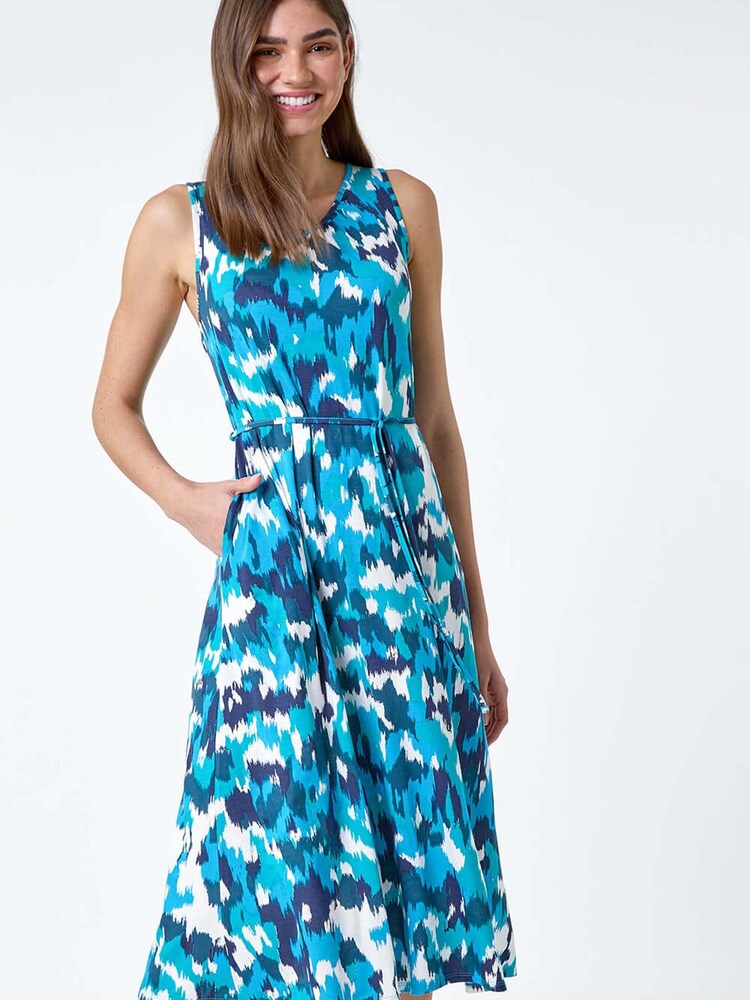 Roman Blue Abstract Print Tie Detail Stretch Midi Dress - Image 1 of 5