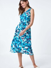 Roman Blue Abstract Print Tie Detail Stretch Midi Dress - Image 2 of 5