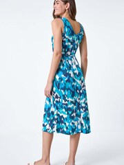 Roman Blue Abstract Print Tie Detail Stretch Midi Dress - Image 3 of 5