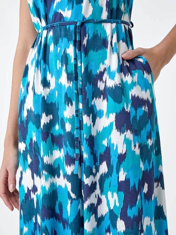 Roman Blue Abstract Print Tie Detail Stretch Midi Dress - Image 5 of 5