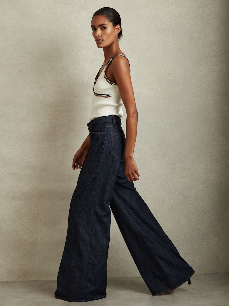 Reiss Dark Blue Luca Belted Wide Leg Jeans - Image 1 of 6