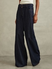 Reiss Dark Blue Luca Belted Wide Leg Jeans - Image 3 of 6