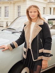 Lipsy Black Suede Aviator Style Jacket (5-16yrs) - Image 1 of 4