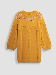 JoJo Maman Bébé Mustard Floral Embroidered Cable Knitted Dress - Image 1 of 3