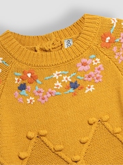JoJo Maman Bébé Mustard Floral Embroidered Cable Knitted Dress - Image 2 of 3