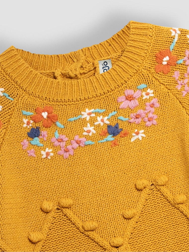 JoJo Maman Bébé Mustard Floral Embroidered Cable Knitted Dress - Image 2 of 3