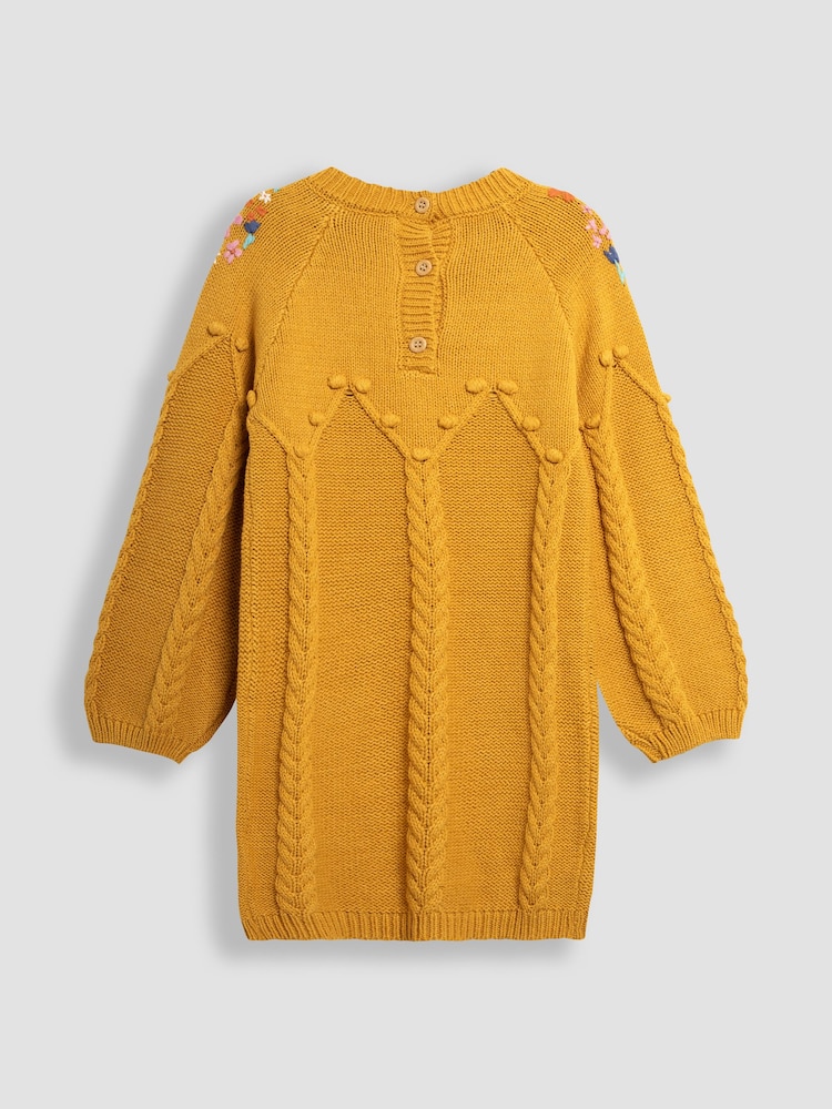 JoJo Maman Bébé Mustard Floral Embroidered Cable Knitted Dress - Image 3 of 3