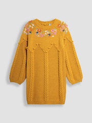 JoJo Maman Bébé Mustard Floral Embroidered Cable Knitted Dress - Image 4 of 4