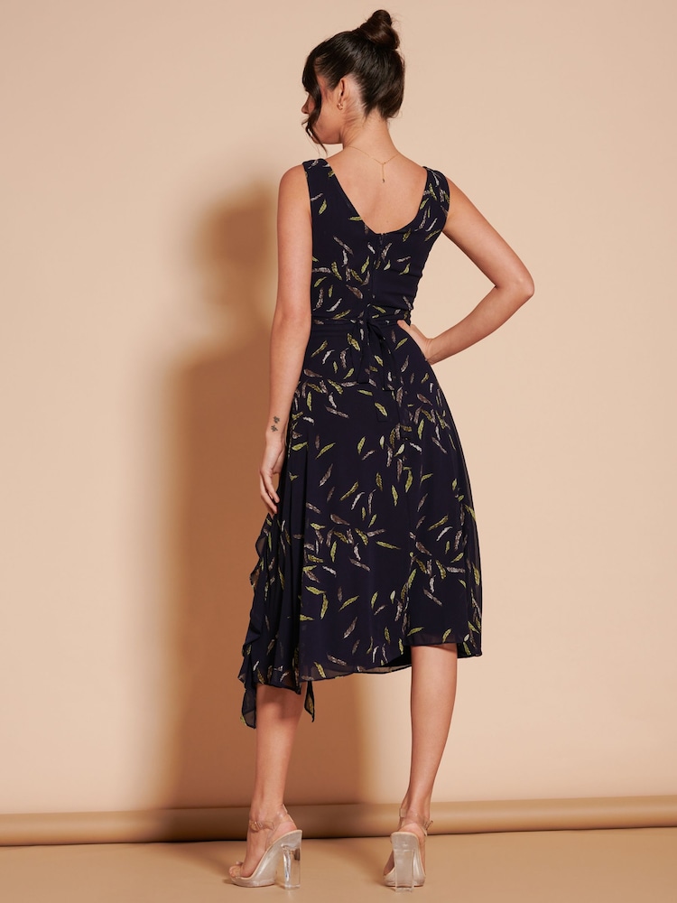 Jolie Moi Black Print Frill Hem Chiffon Midi Dress - Image 2 of 6