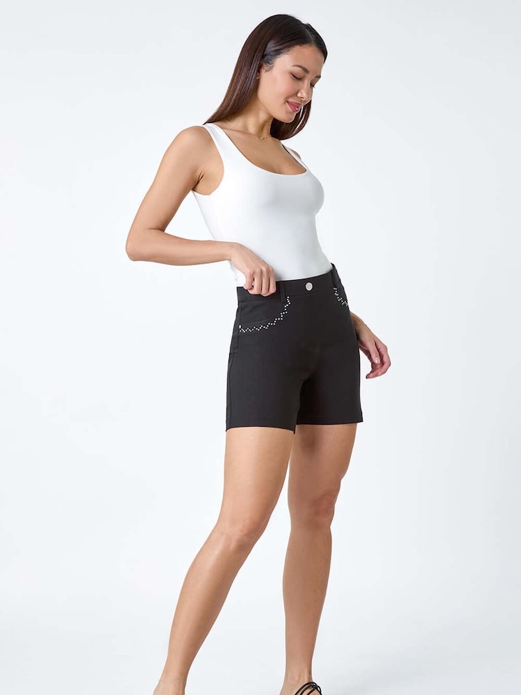 Roman Black Stud Embellished Stretch Shorts - Image 2 of 5