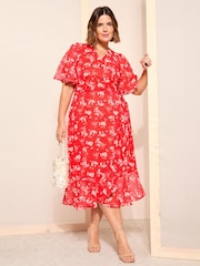 Curves Like These Red Chiffon Mix Flutter Sleeve Wrap Midi Dress - Image 1 of 4