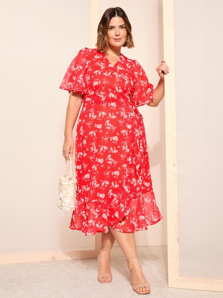 Curves Like These Red Chiffon Mix Flutter Sleeve Wrap Midi Dress - Image 1 of 4