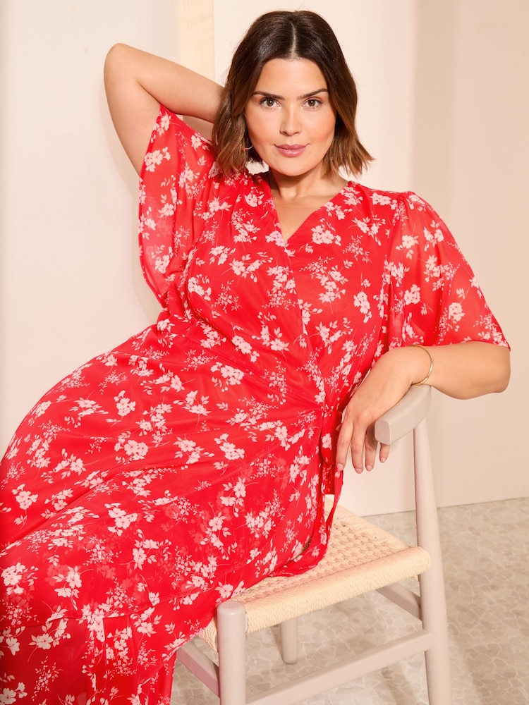 Curves Like These Red Chiffon Mix Flutter Sleeve Wrap Midi Dress - Image 2 of 4
