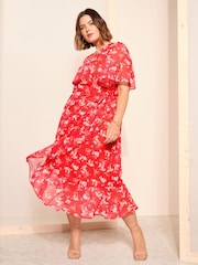 Curves Like These Red Chiffon Mix Flutter Sleeve Wrap Midi Dress - Image 3 of 4