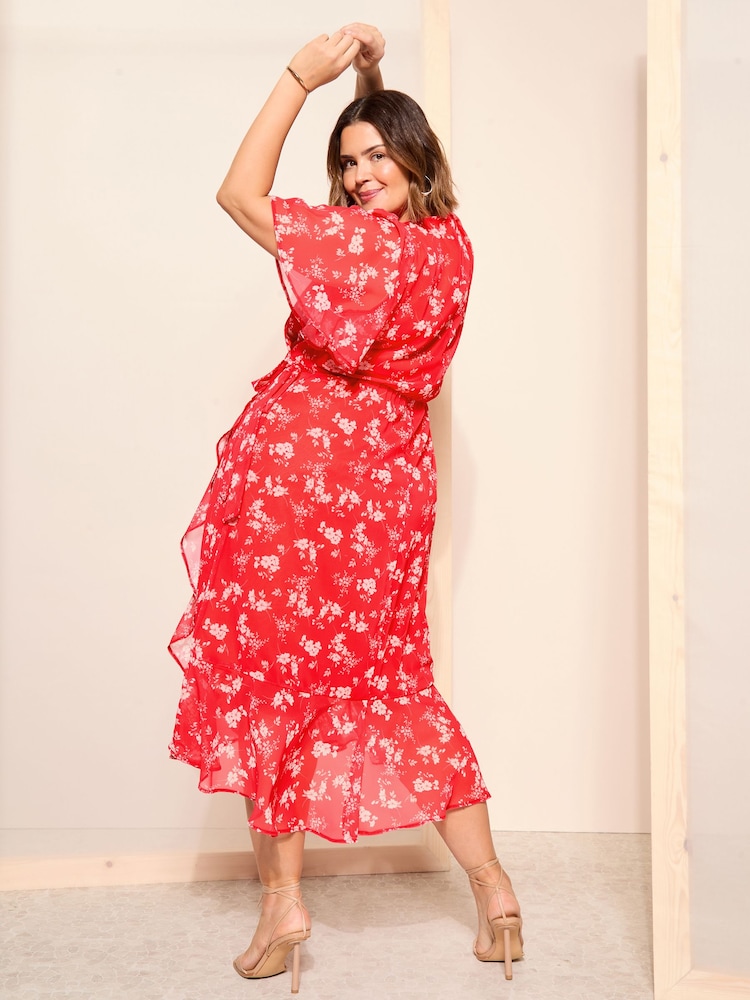 Curves Like These Red Chiffon Mix Flutter Sleeve Wrap Midi Dress - Image 4 of 4