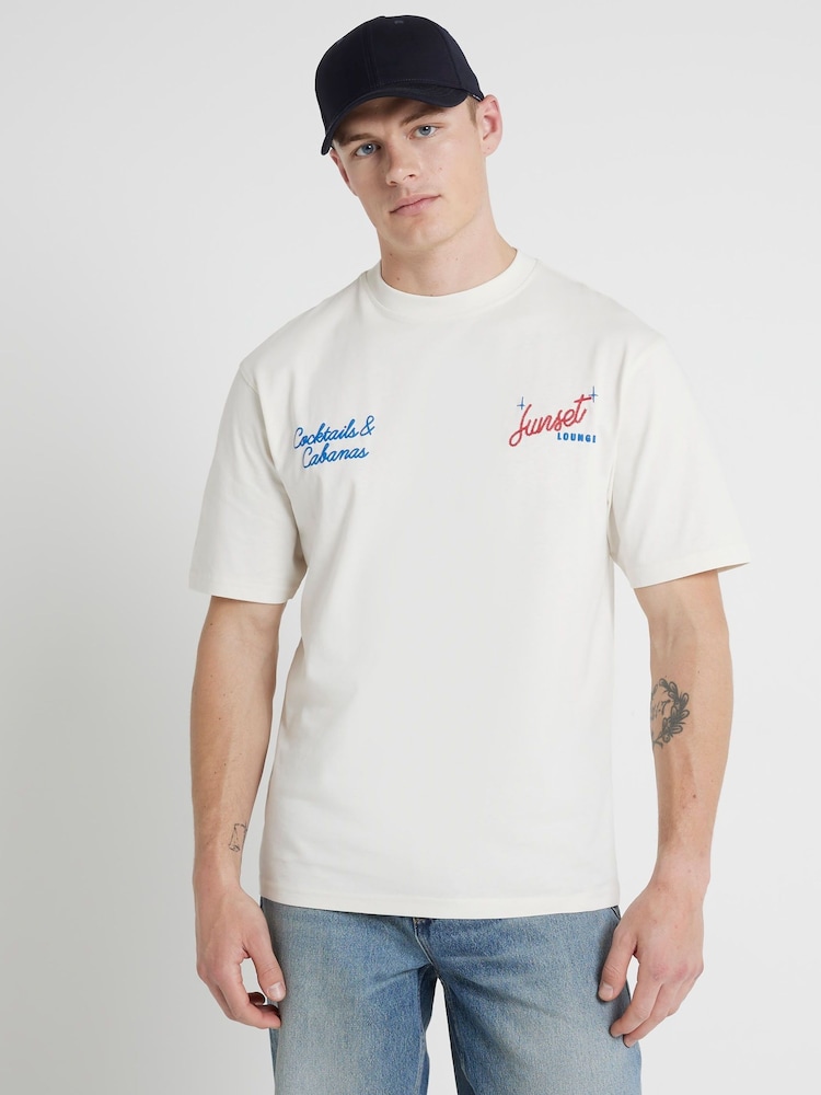 River Island Cream Regular Fit Short Sleeve Sunset Lounge 100% Cotton T-Shirt - Image 1 of 4