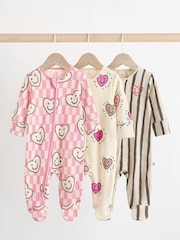 Pink Happy Heart Baby Two Way Zip Floral Print 100% Cotton Sleepsuits 3 Pack (0mths-2yrs) - Image 1 of 11