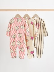 Pink Happy Heart Baby Two Way Zip Floral Print 100% Cotton Sleepsuits 3 Pack (0mths-2yrs) - Image 2 of 11
