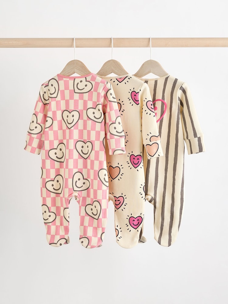 Pink Happy Heart Baby Two Way Zip Floral Print 100% Cotton Sleepsuits 3 Pack (0mths-2yrs) - Image 2 of 11
