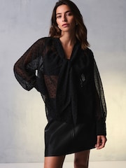 Black Polka Dot Long Sleeve Tie Neck Blouse - Image 1 of 7