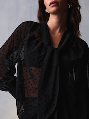 Black Polka Dot Long Sleeve Tie Neck Blouse - Image 5 of 7