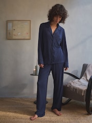 Navy Ribbed Button Through Pyjamas - Image 1 of 10