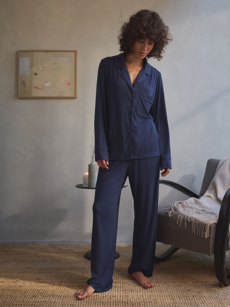 Navy Ribbed Button Through Pyjamas - Image 1 of 10