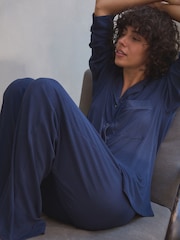 Navy Ribbed Button Through Pyjamas - Image 3 of 10