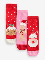 Pink/Red Cotton Rich Christmas Character Ankle Socks 3 Pack - Image 1 of 4