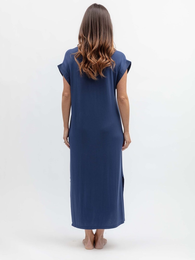 Azul escuro - Camisola longa Nora Rose em malha com mangas curtas - Imagem 2 de 3