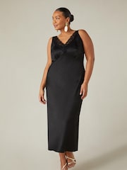 Live Unlimited Black Curve Satin Lace Slip Dress - Image 3 of 5