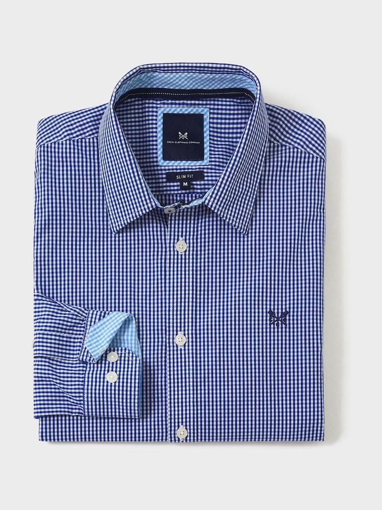 Crew Clothing Company Blue Slim Fit 100% Cotton Micro Gingham Shirt - Image 4 of 4