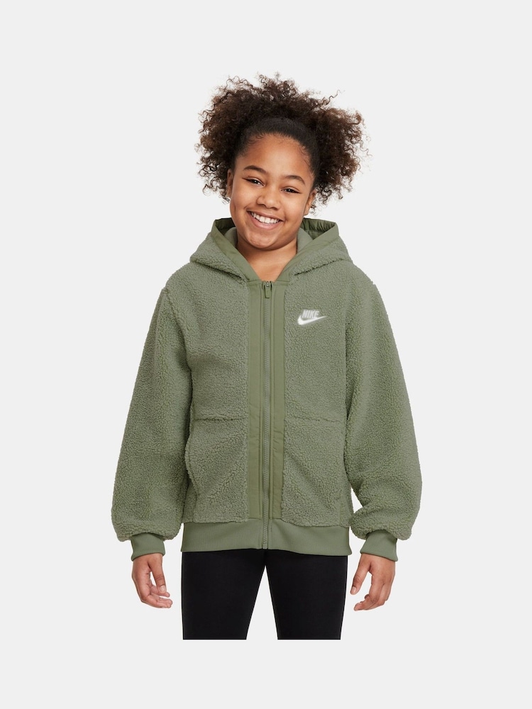 Nike Oil Green Club Fleece Winterized Zip Through Cosy Borg Hoodie - Image 1 of 3