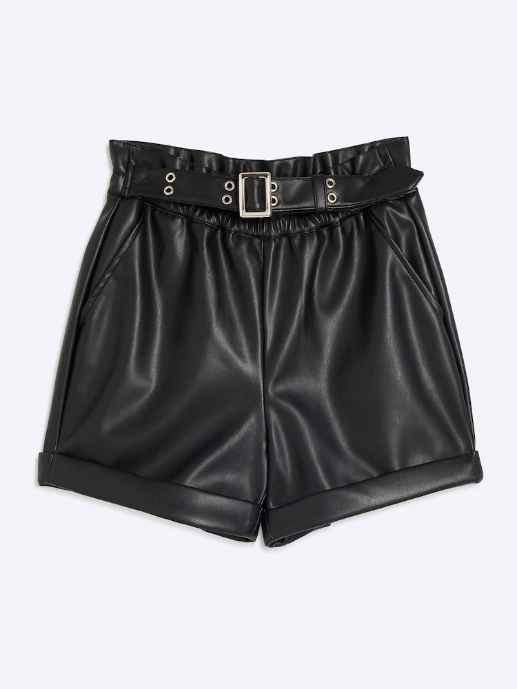 River Island Black Girls Faux Fur Leather Shorts - Image 1 of 3
