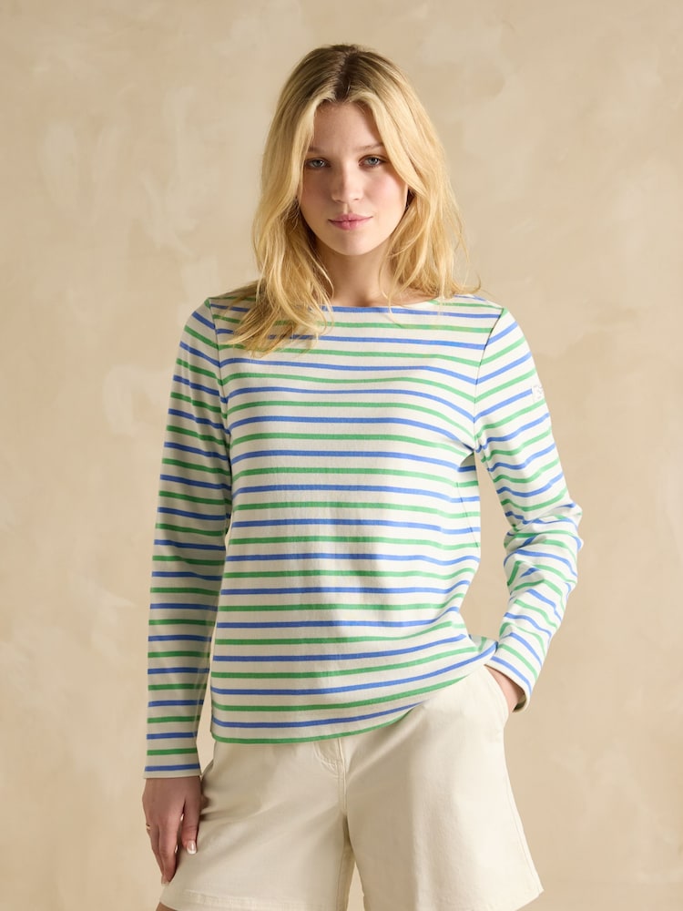 Joules Harbour Green Blue Striped Boat Neck Breton Top - Image 1 of 7